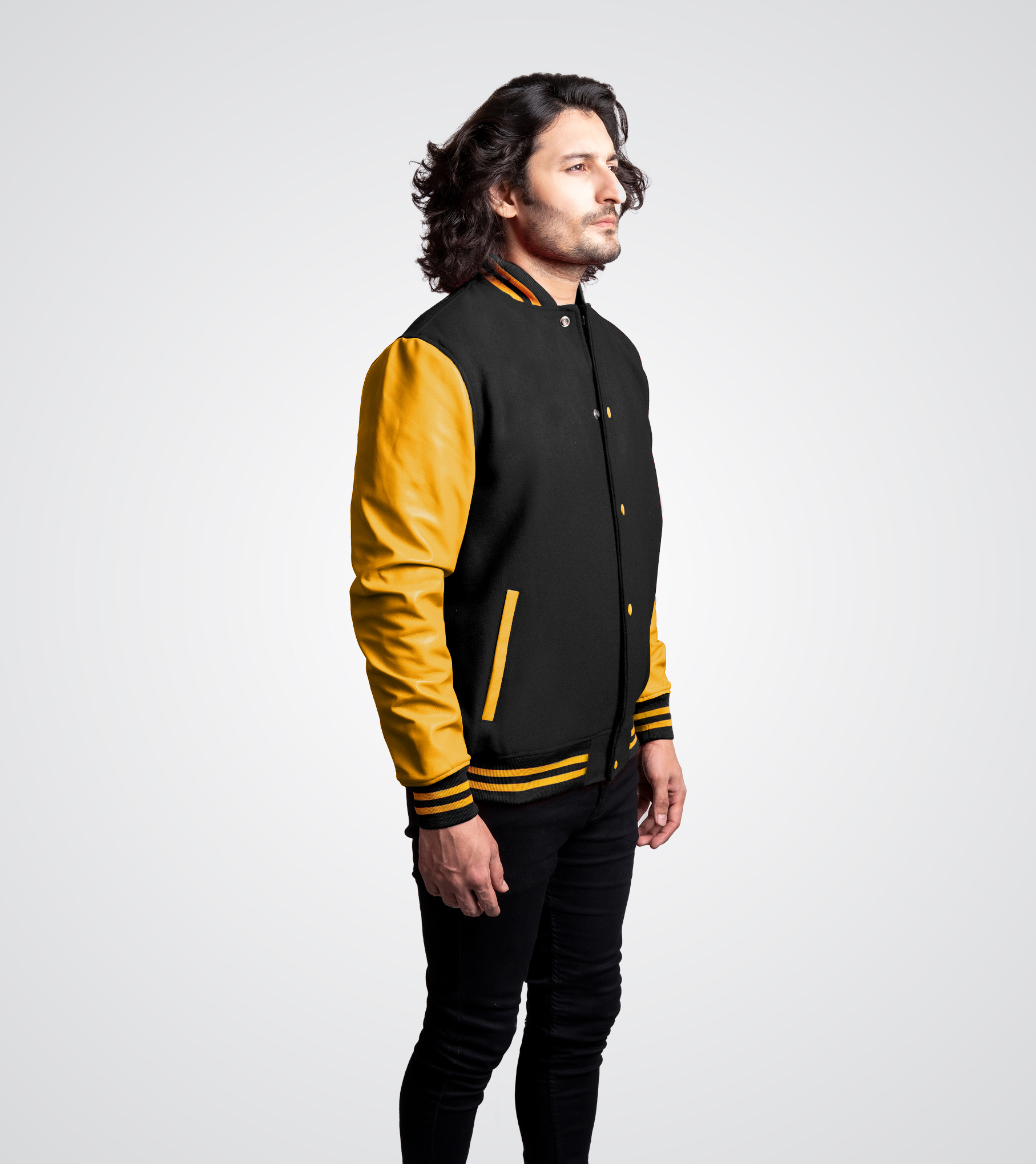 Black wool body and Athletic Gold leather sleeves Varsity Jacket