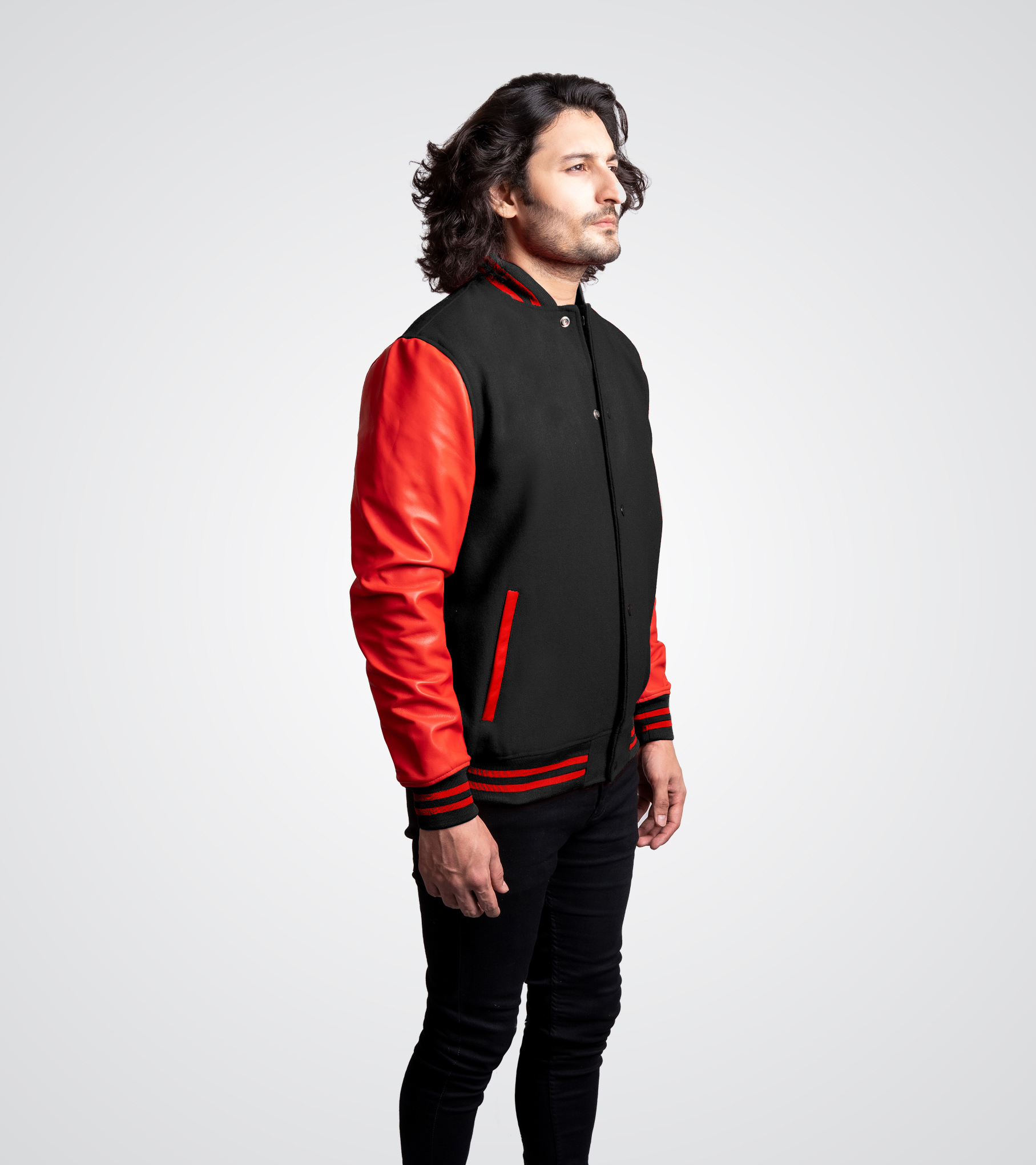 Black wool body and Red leather sleeves Varsity Jacket