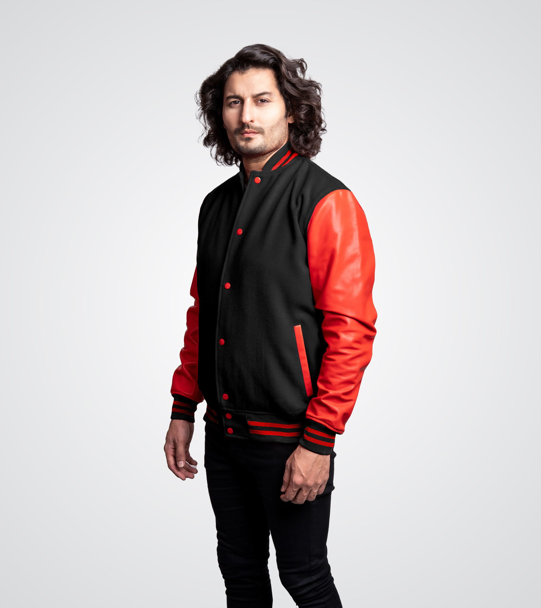 Black wool body and Red leather sleeves Varsity Jacket