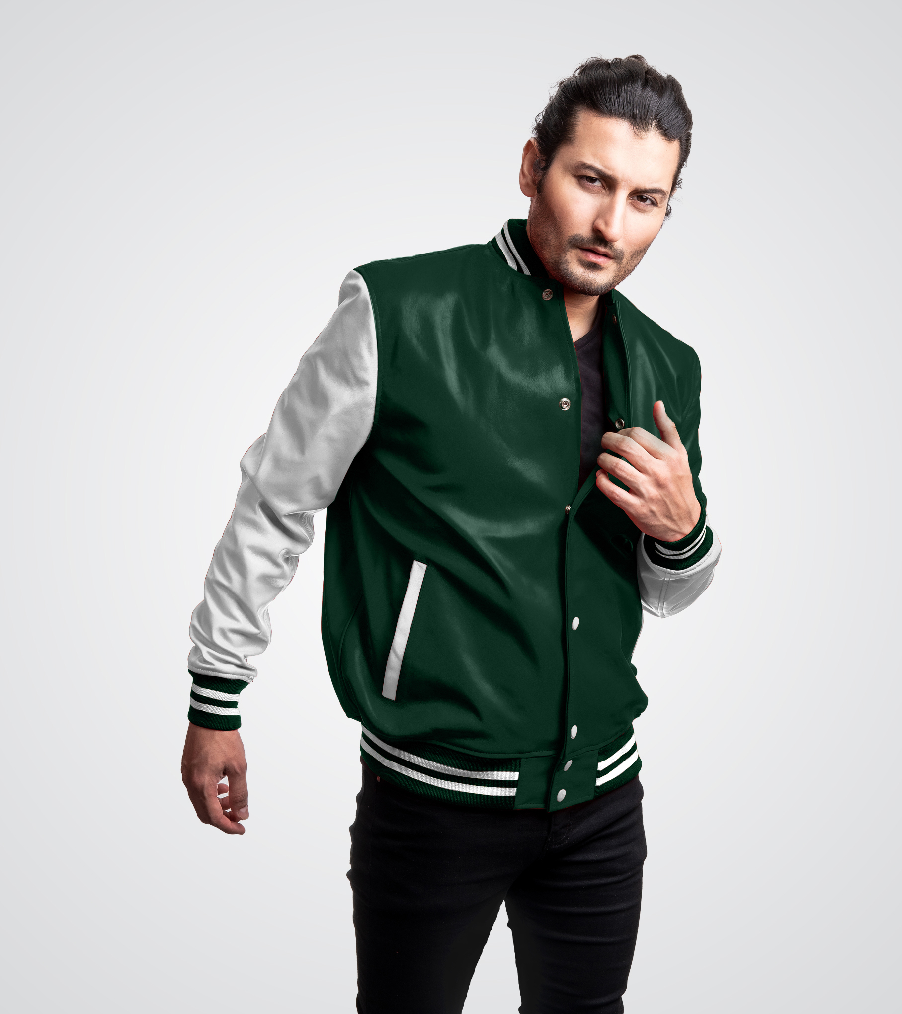 Forest Green and white Leather Varsity Jacket