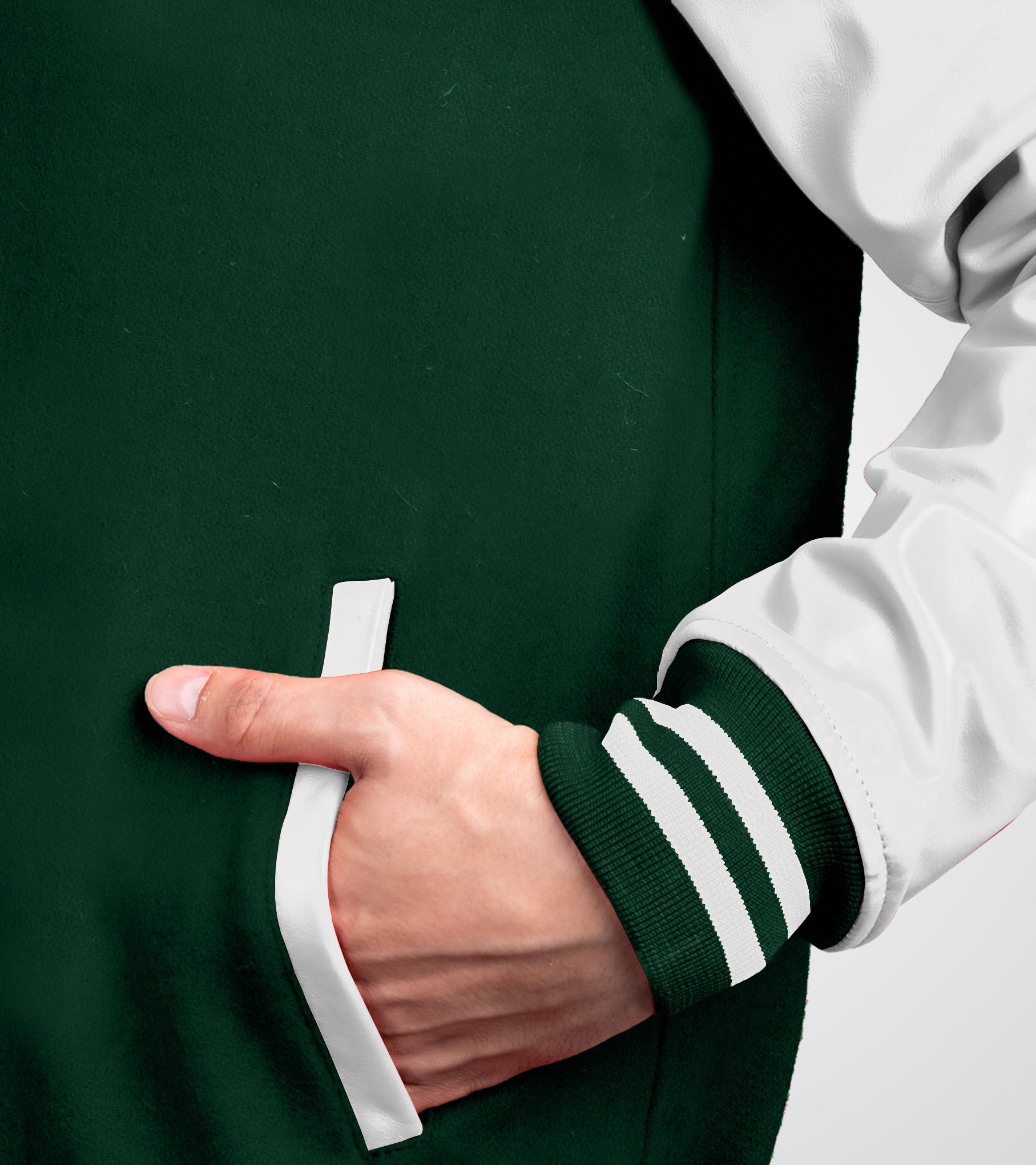 Forest Green wool body and White leather sleeves Varsity Jacket