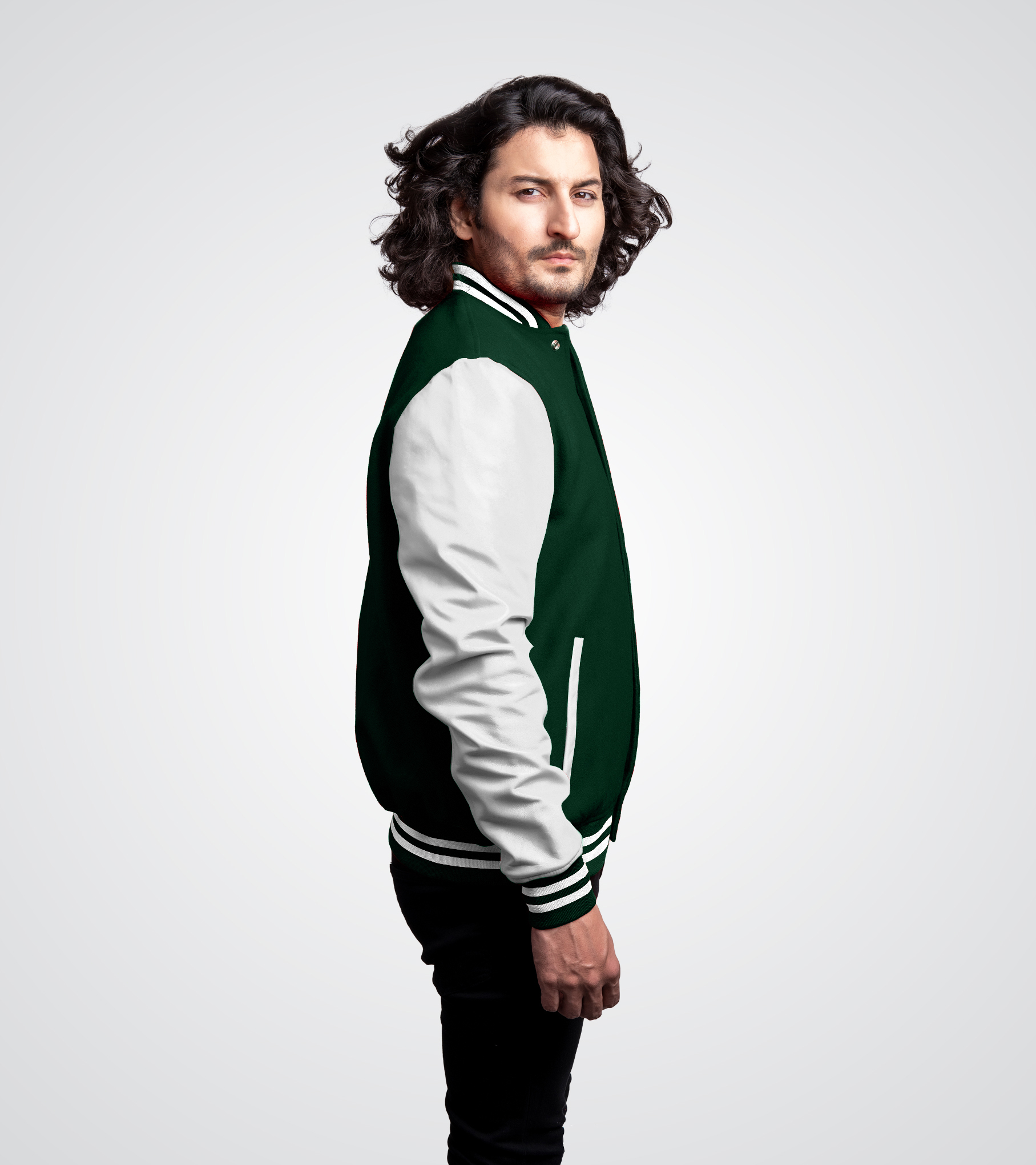 Forest Green wool body and White leather sleeves Varsity Jacket