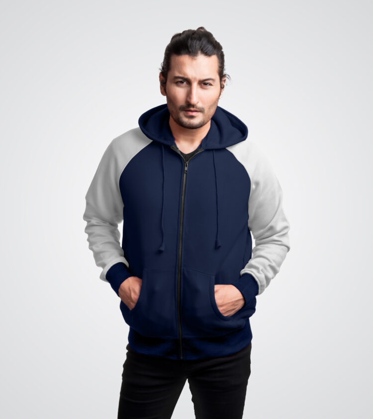 Navy Blue and White Unisex Zip Up Hoodie