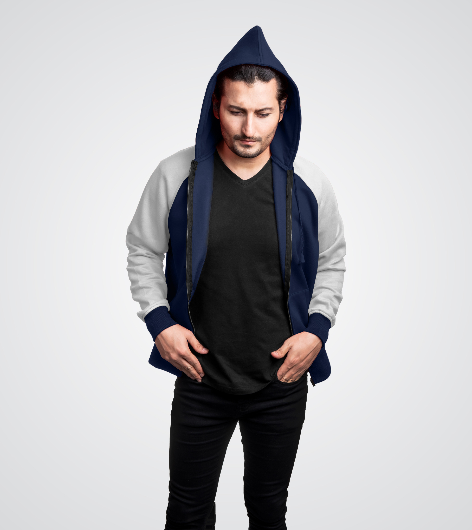 Navy Blue and White Unisex Zip Up Hoodie