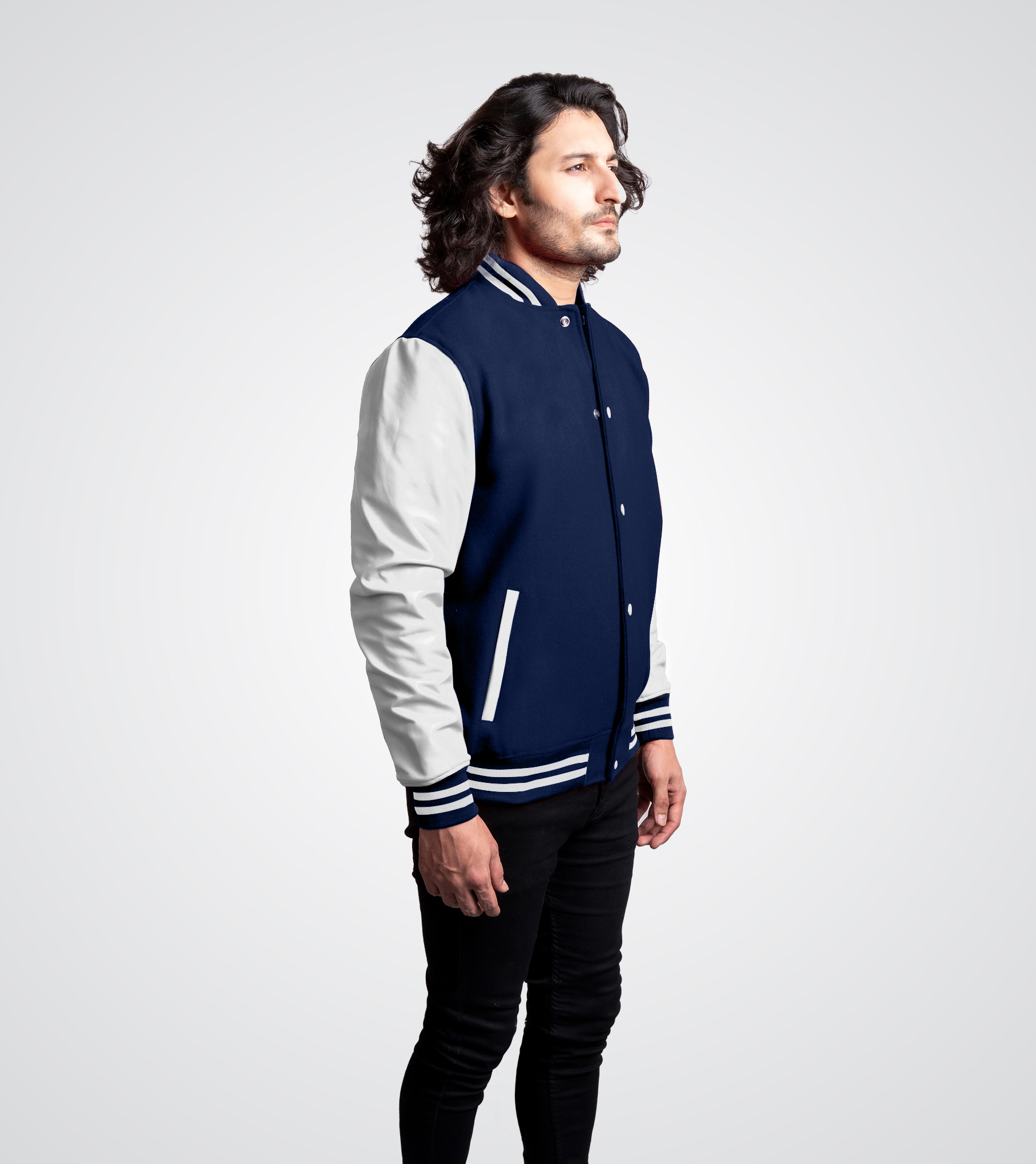 Navy blue wool body and White leather sleeves Letterman Jacket