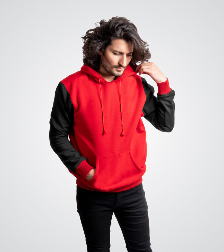 Red and Black Cotton Fleece Pullover Hoodie