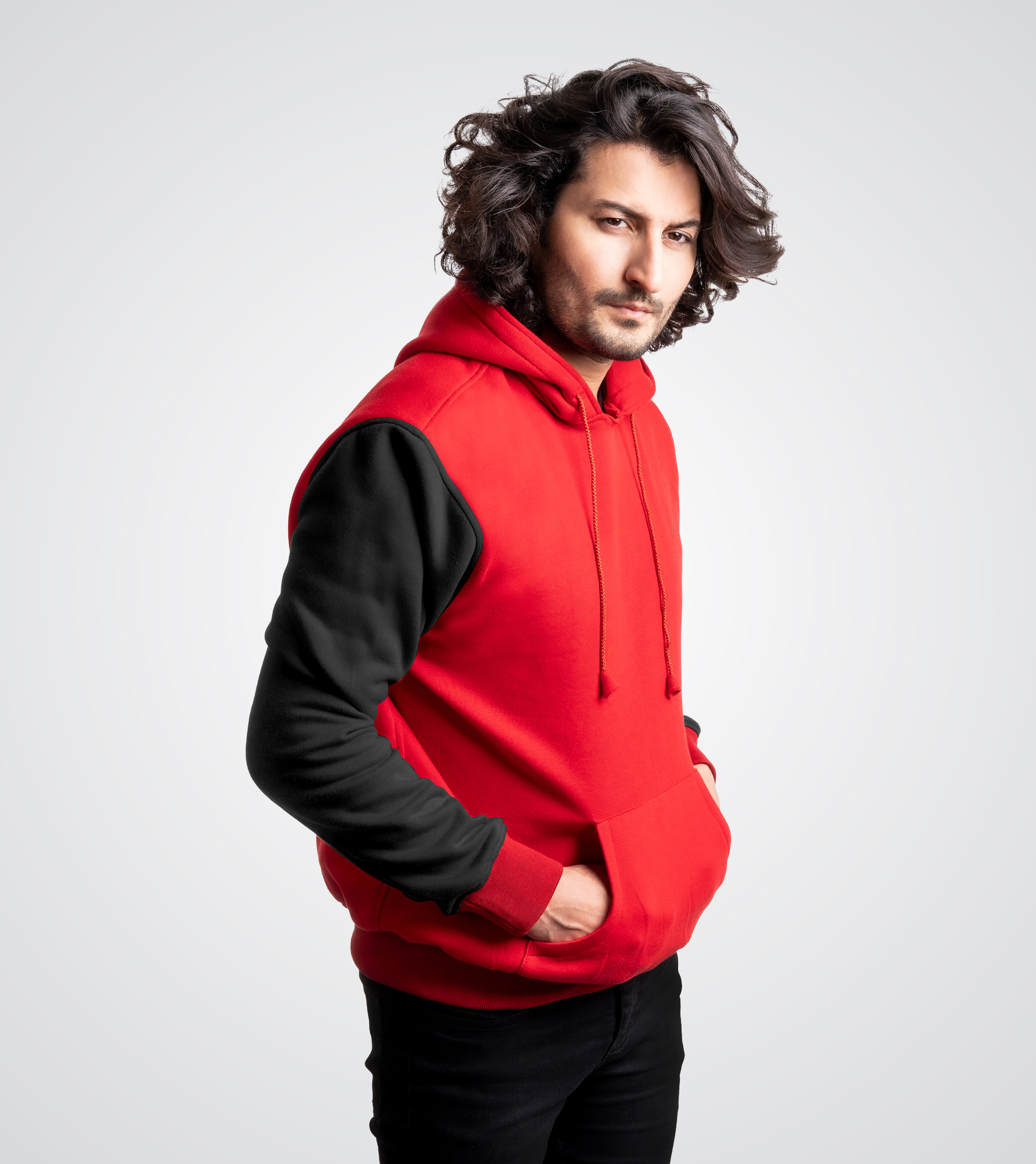 Red and Black Cotton Fleece Pullover Hoodie