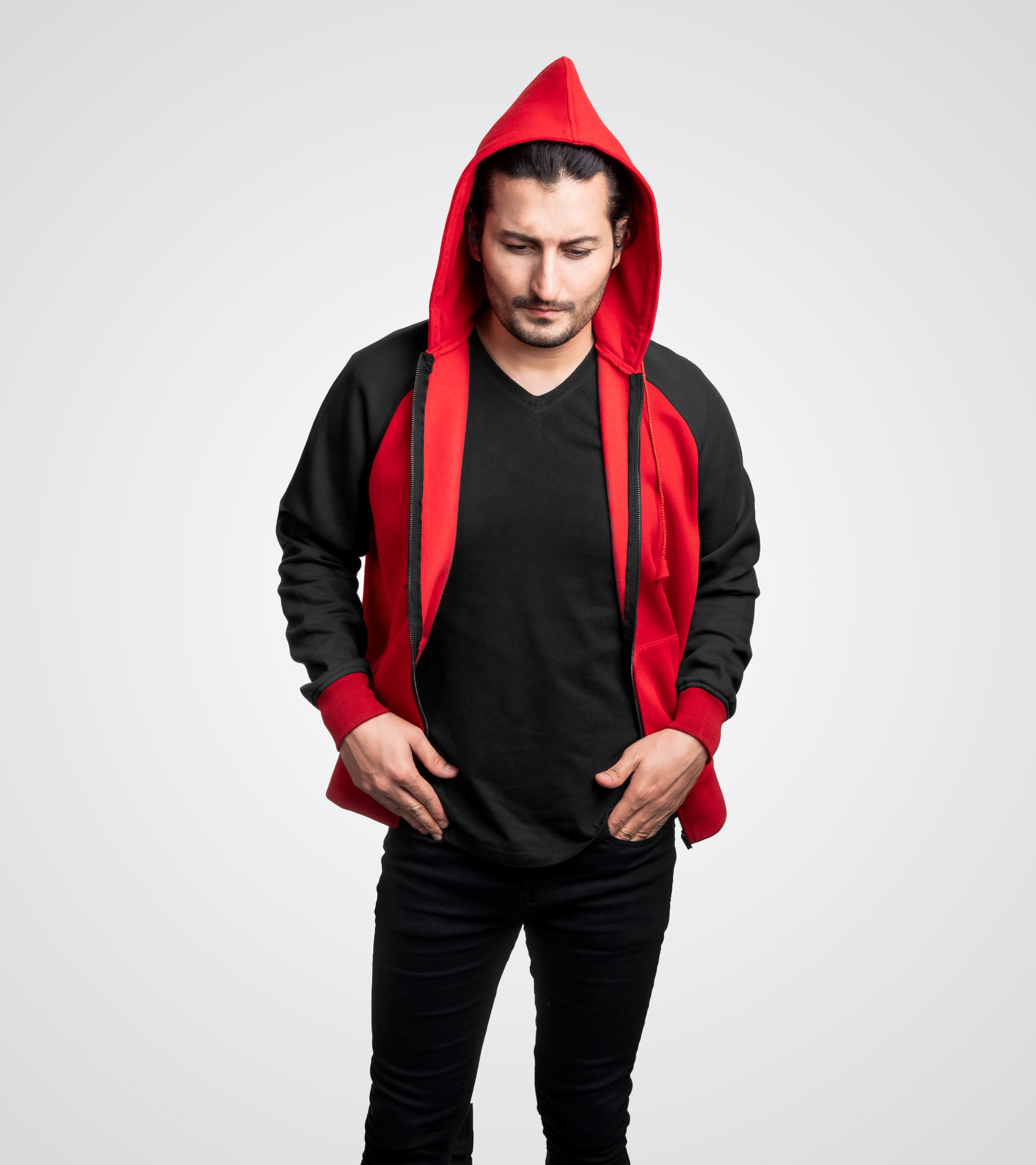 Red and Black Cotton Fleece Zip Up Sweatshirt