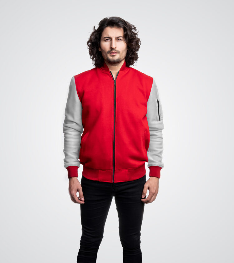 Red and white Fleece Bomber Jacket