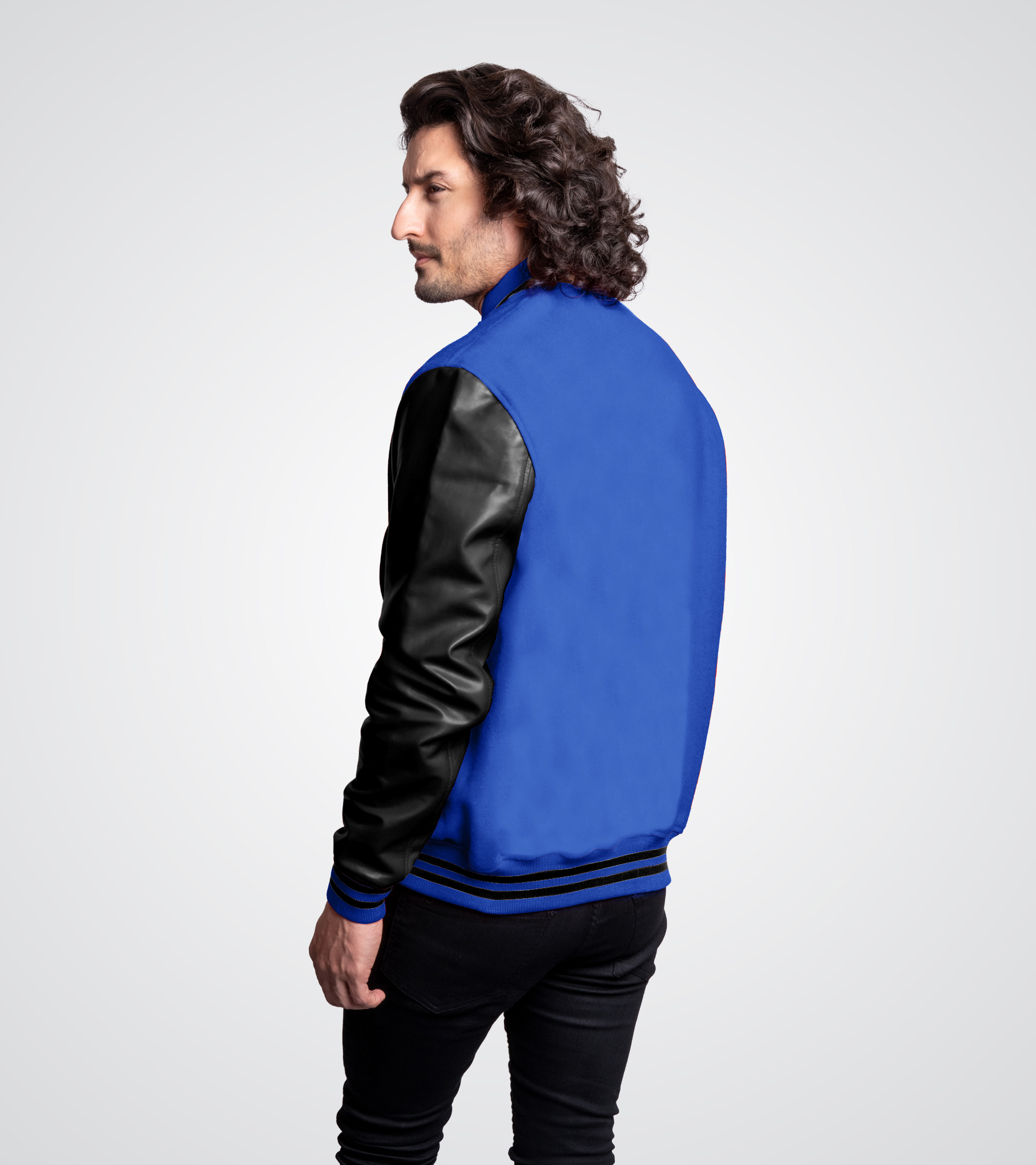 Royal blue wool body and Black leather sleeves Varsity Jacket