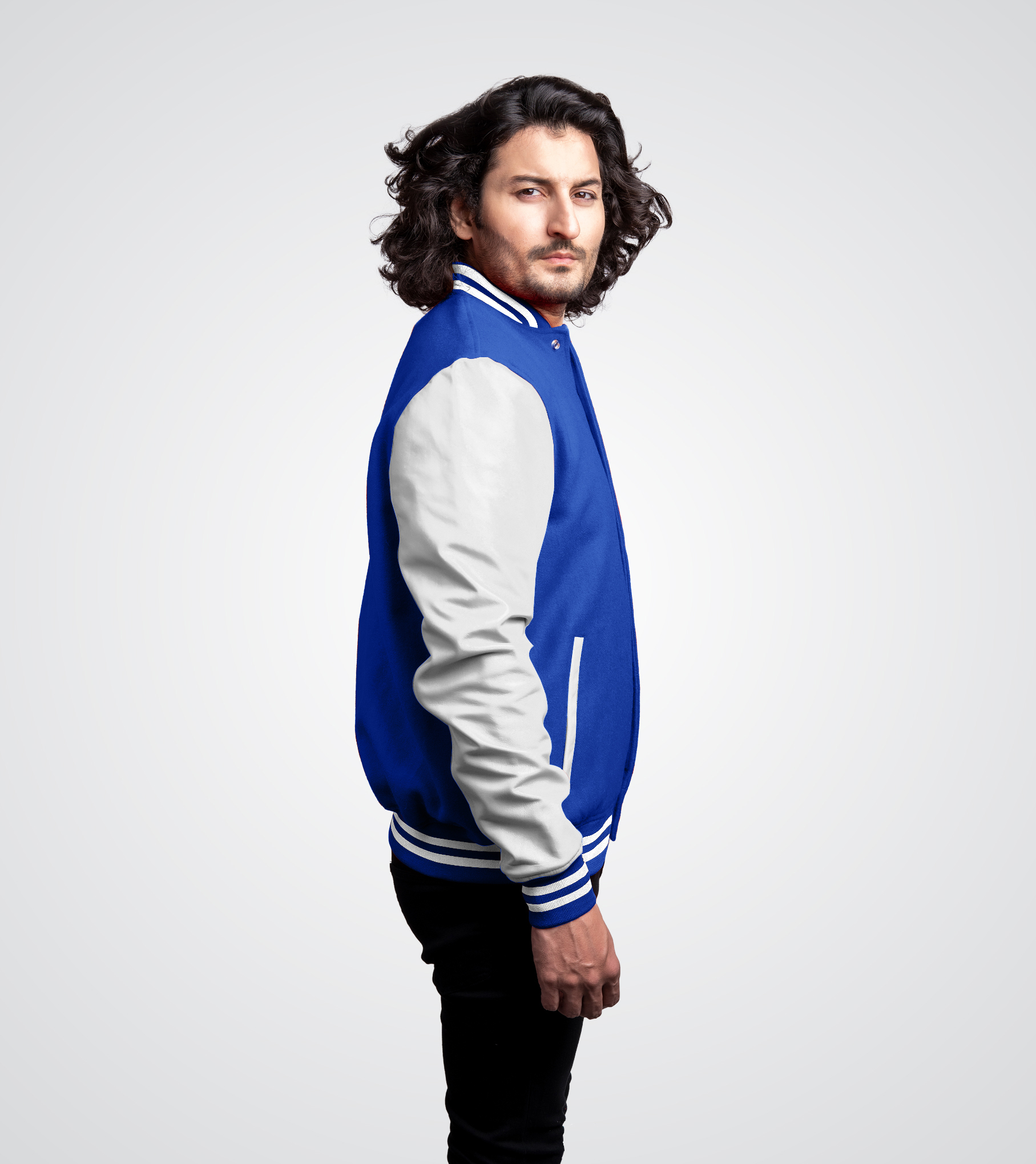 Royal blue wool body and White leather sleeves Varsity Jacket